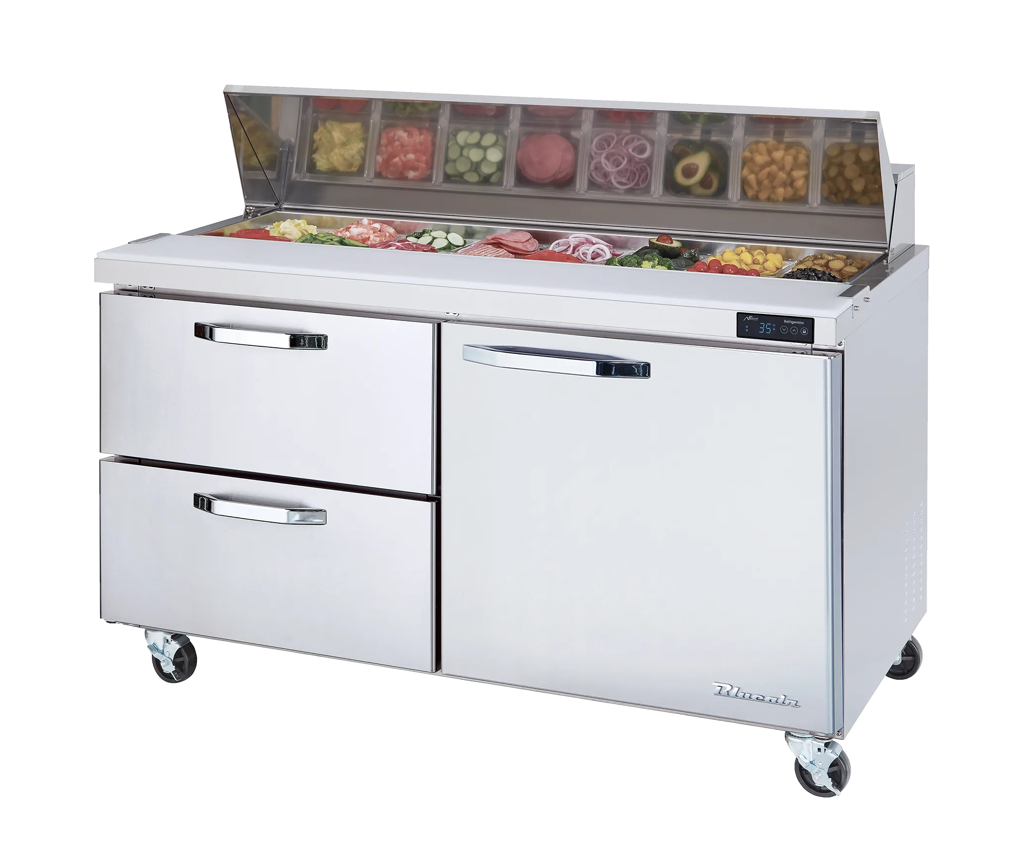 Blue Air - BAPP67-D2L-HC. 2 Drawers 1 Door (R) All Stainless Pizza Prep.Table. 67 wide. 20.2 cu/ft. - (9) 1/3 Pans - By Others. R-290 Refrigerant
