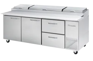 Blue Air - BAPP93-D2R-HC. 2 Drawers 2 Doors (L. M) All Stainless Pizza Prep.Table. 93-3/8 wide. 30.8 cu/ft. - (12) 1/3 Pans - By Others. R-290 Refrigerant