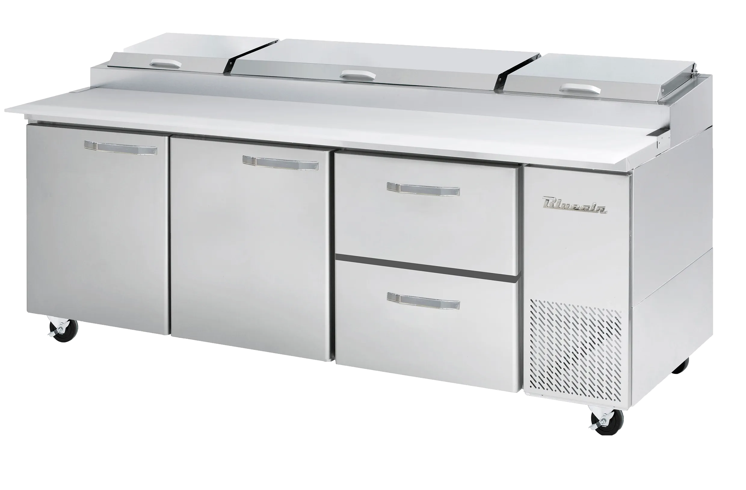 Blue Air - BAPP93-D2R-HC. 2 Drawers 2 Doors (L. M) All Stainless Pizza Prep.Table. 93-3/8 wide. 30.8 cu/ft. - (12) 1/3 Pans - By Others. R-290 Refrigerant
