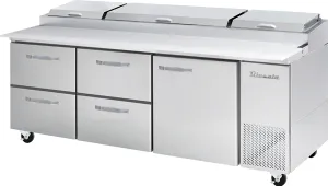 Blue Air - BAPP93-D4LM-HC. 4 Drawers 1 Door (R) All Stainless Pizza Prep.Table. 93-3/8 wide. 30.8 cu/ft. - (12) 1/3 Pans - By Others. R-290 Refrigerant