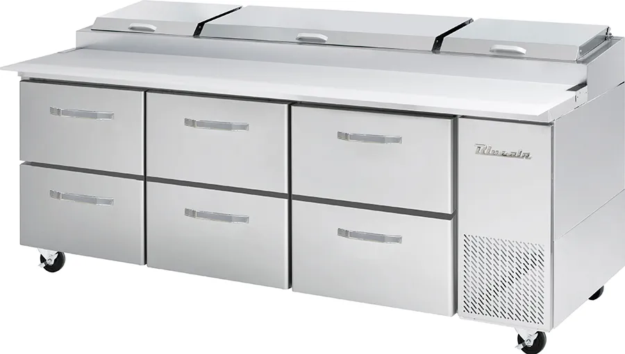 Blue Air - BAPP93-D6-HC. 6 Drawers All Stainless Pizza Prep.Table. 93-3/8 wide. 30.8 cu/ft. - (12) 1/3 Pans - By Others. R-290 Refrigerant