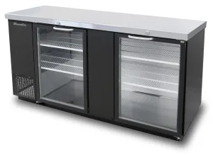 Blue Air - BBB69-3BG-HC. 2 Glass Doors Back Bar Cooler. Black Finish Exterior. 69 W x 27 D. R-290 Refrigerant