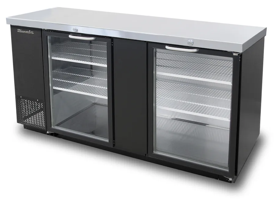 Blue Air - BBB69-3BG-HC. 2 Glass Doors Back Bar Cooler. Black Finish Exterior. 69 W x 27 D. R-290 Refrigerant