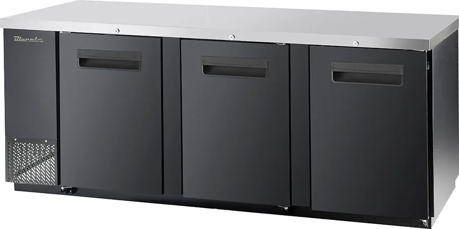 Blue Air - BBB90-4B-HC. 3 Doors Back Bar Cooler. Black Finish Exterior. 90 W x 27 D. R-290 Refrigerant