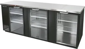 Blue Air - BBB90-4BG-HC. 3 Glass Doors Back Bar Cooler. Black Finish Exterior. 90 W x 27 D. R-290 Refrigerant