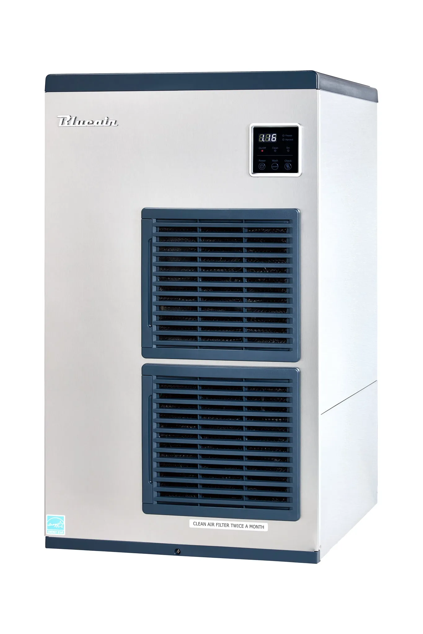 Blue Air - BLMI-650A. 625 Lbs / 24 hr. Production. Air-Cooled. 22 W x 27 3/8D x 37 3/4H. 208~230v/60/1. Energy Star Rated