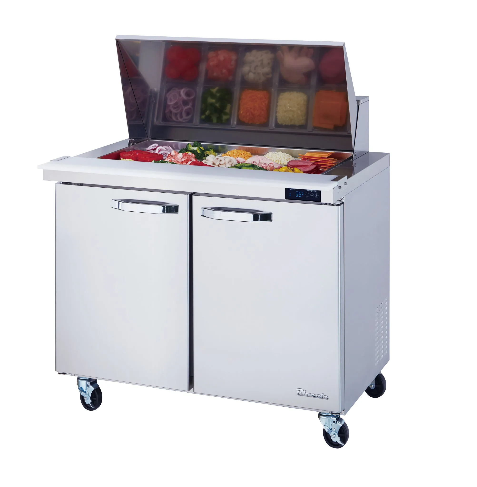 Blue Air - BLMT36-HC. 2 Doors All Stainless Prep. Table with (15) 1/6 Pans - 36 wide. 9.2 cu/ft.. R-290 Refrigerant