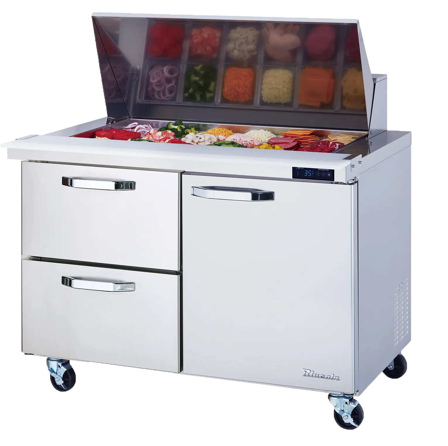 Blue Air - BLMT60-D2L-HC. 2 Drawers 1 Door (R) 60 All Stainless Prep. Table with (24) 1/6 Pans - 60 wide. 16.5 cu/ft.. R-290 Refrigerant