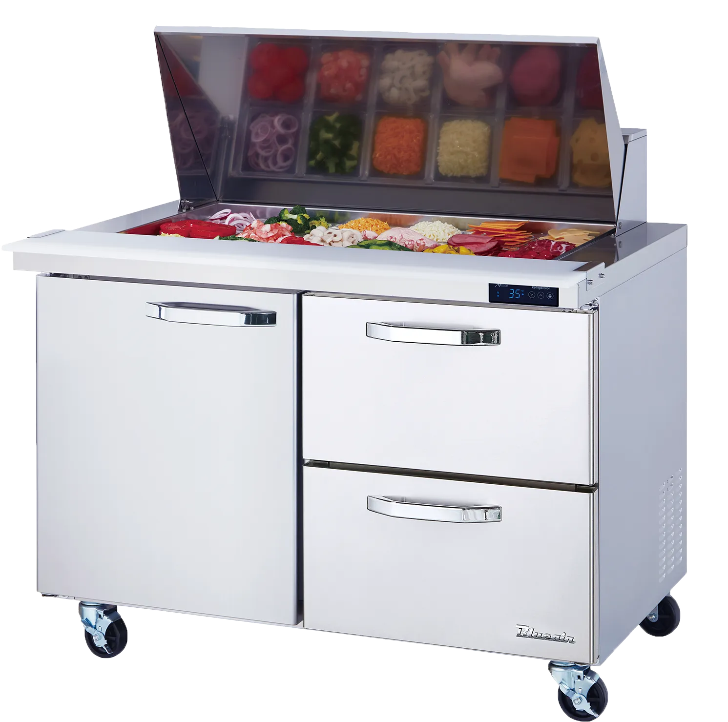 Blue Air - BLMT60-D2R-HC. 2 Drawers 1 Door (R) 60 All Stainless Prep. Table with (24) 1/6 Pans - 60 wide. 16.5 cu/ft.. R-290 Refrigerant