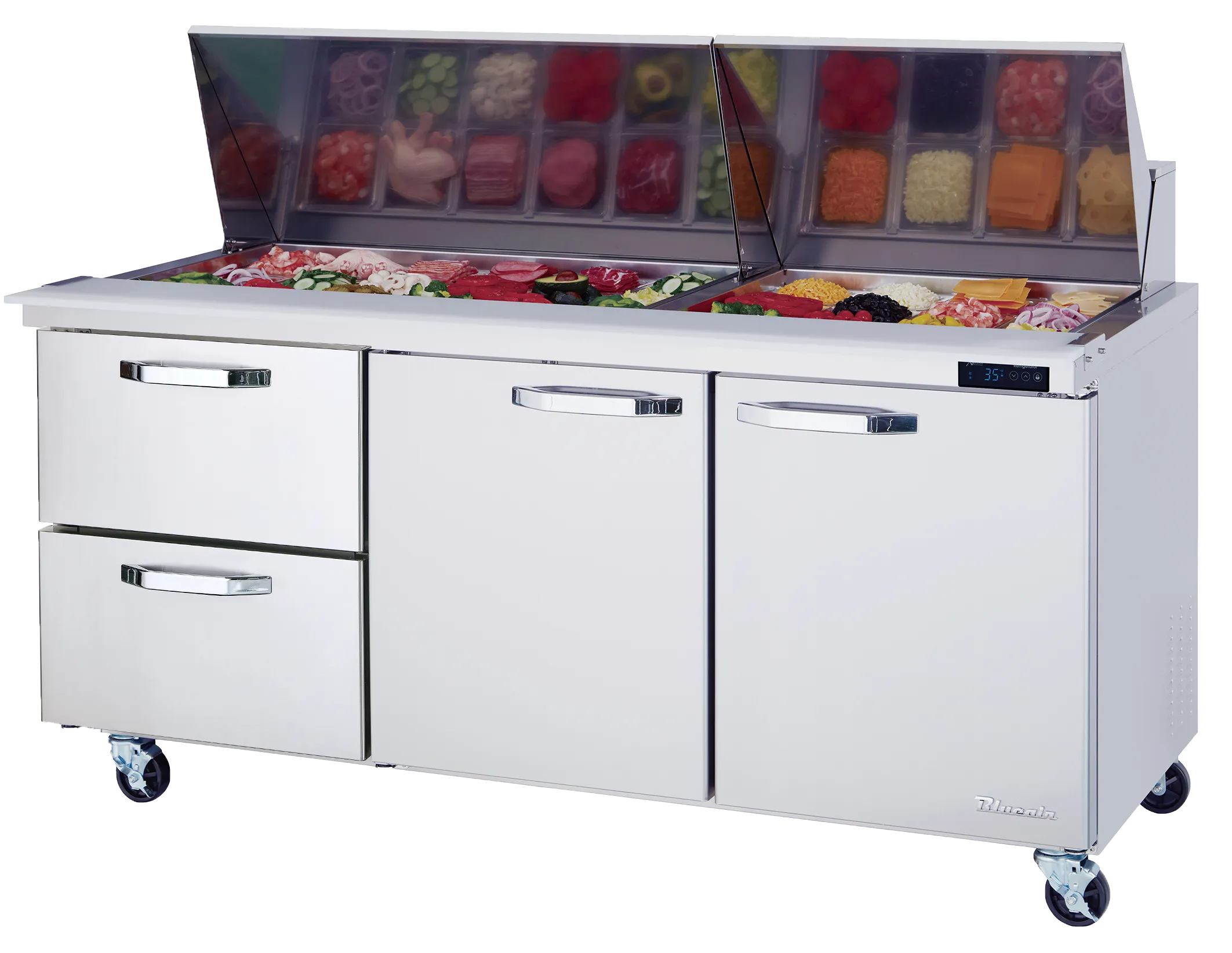 Blue Air - BLMT72-D2L-HC. 2 Drawers 2 Doors (M. R) All Stainless Prep. Table with (30) 1/6 Pans - 72 wide. 20 cu/ft.. R-290 Refrigerant