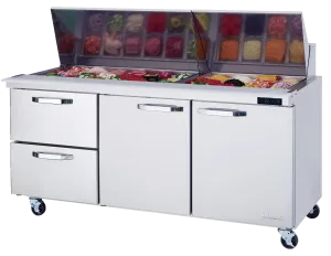 Blue Air - BLMT72-D2L-HC. 2 Drawers 2 Doors (M. R) All Stainless Prep. Table with (30) 1/6 Pans - 72 wide. 20 cu/ft.. R-290 Refrigerant