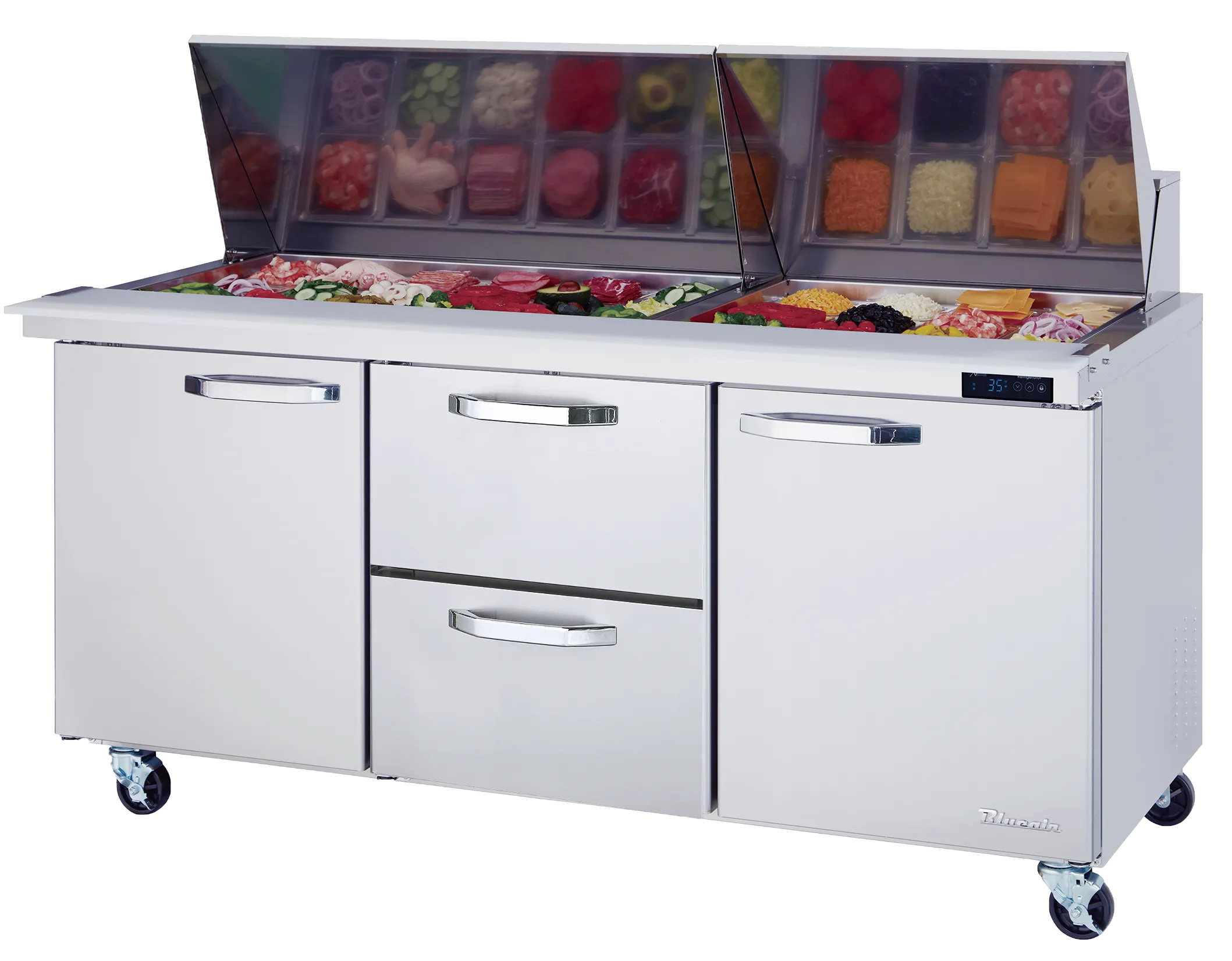 Blue Air - BLMT72-D2M-HC. 2 Drawers 2 Doors (L. R) All Stainless Prep. Table with (30) 1/6 Pans - 72 wide. 20 cu/ft.. R-290 Refrigerant