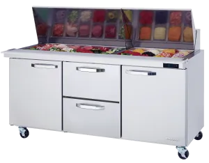 Blue Air - BLMT72-D2M-HC. 2 Drawers 2 Doors (L. R) All Stainless Prep. Table with (30) 1/6 Pans - 72 wide. 20 cu/ft.. R-290 Refrigerant