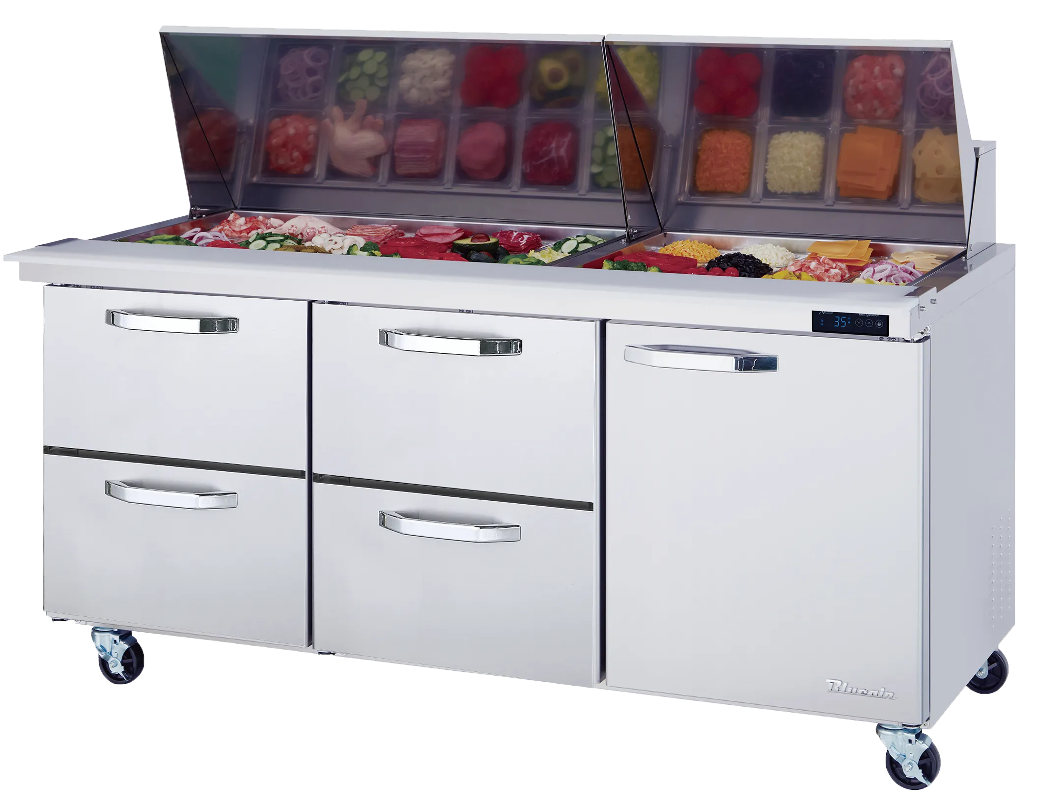 Blue Air - BLMT72-D4LM-HC. 4 Drawers 1 Door (R) All Stainless Prep. Table with (30) 1/6 Pans - 72 wide. 20 cu/ft.. R-290 Refrigerant