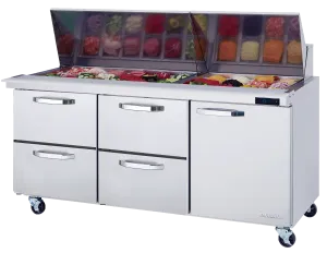Blue Air - BLMT72-D4LM-HC. 4 Drawers 1 Door (R) All Stainless Prep. Table with (30) 1/6 Pans - 72 wide. 20 cu/ft.. R-290 Refrigerant