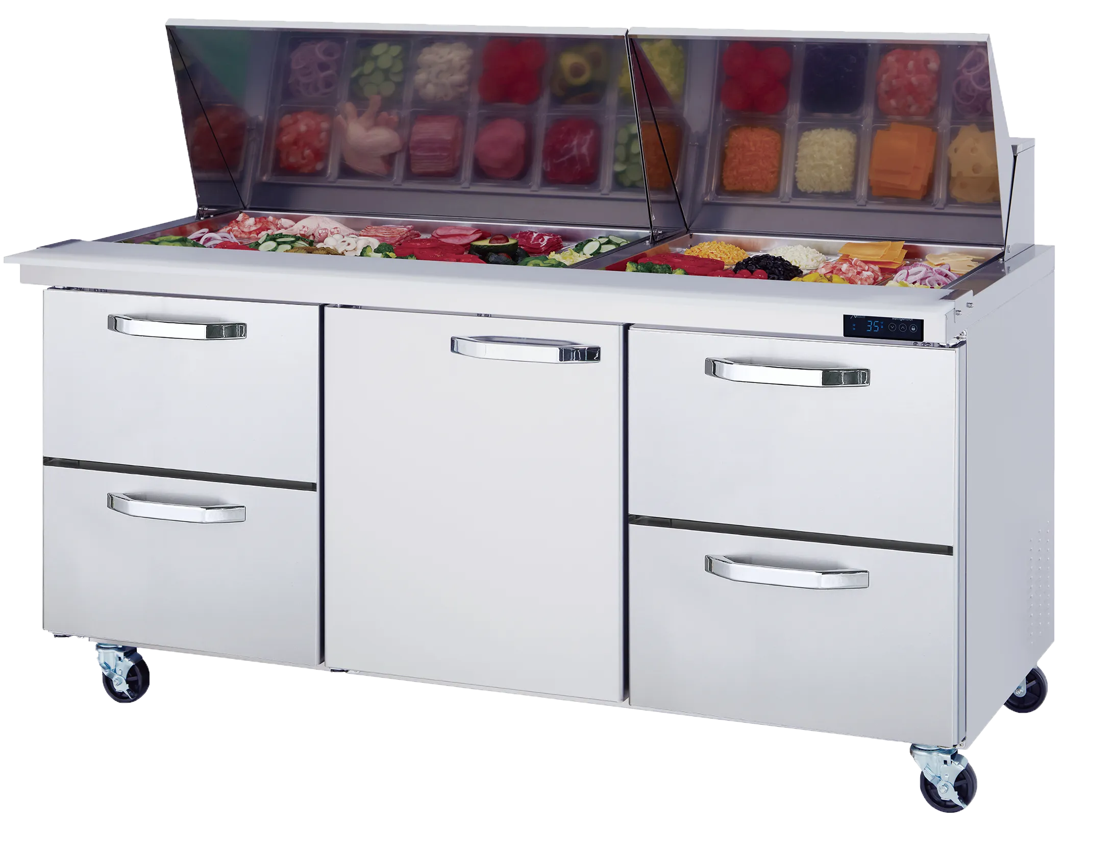 Blue Air - BLMT72-D4RL-HC. 4 Drawers 1 Door (M) All Stainless Prep. Table with (30) 1/6 Pans - 72 wide. 20 cu/ft.. R-290 Refrigerant