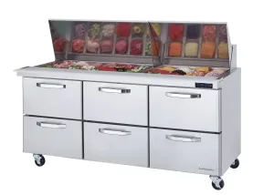 Blue Air - BLMT72-D6-HC. 6 Drawers All Stainless Prep Table with (30) 1/6 Pans - 72 wide. 20 cu/ft. R-290 Refrigerant