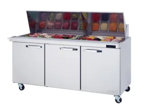 Blue Air - BLMT72-HC. 3 Doors All Stainless Prep. Table with (30) 1/6 Pans - 72 wide. 20 cu/ft.. R-290 Refrigerant