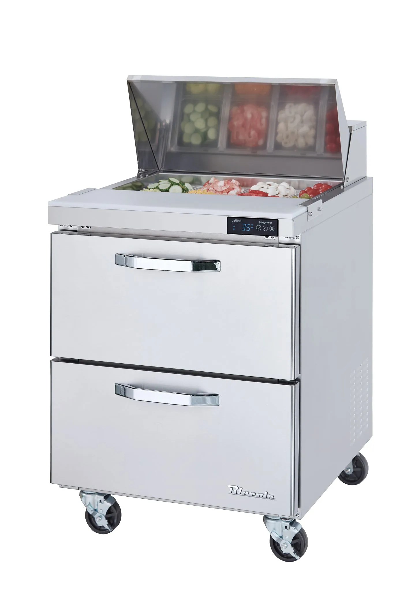 Blue Air - BLPT28-D2-HC. 2 Drawers All Stainless Prep. Table with (6) 1/6 & (2) 1/9 Pans - 28 wide. 7 cu/ft.. R-290 Refrigerant