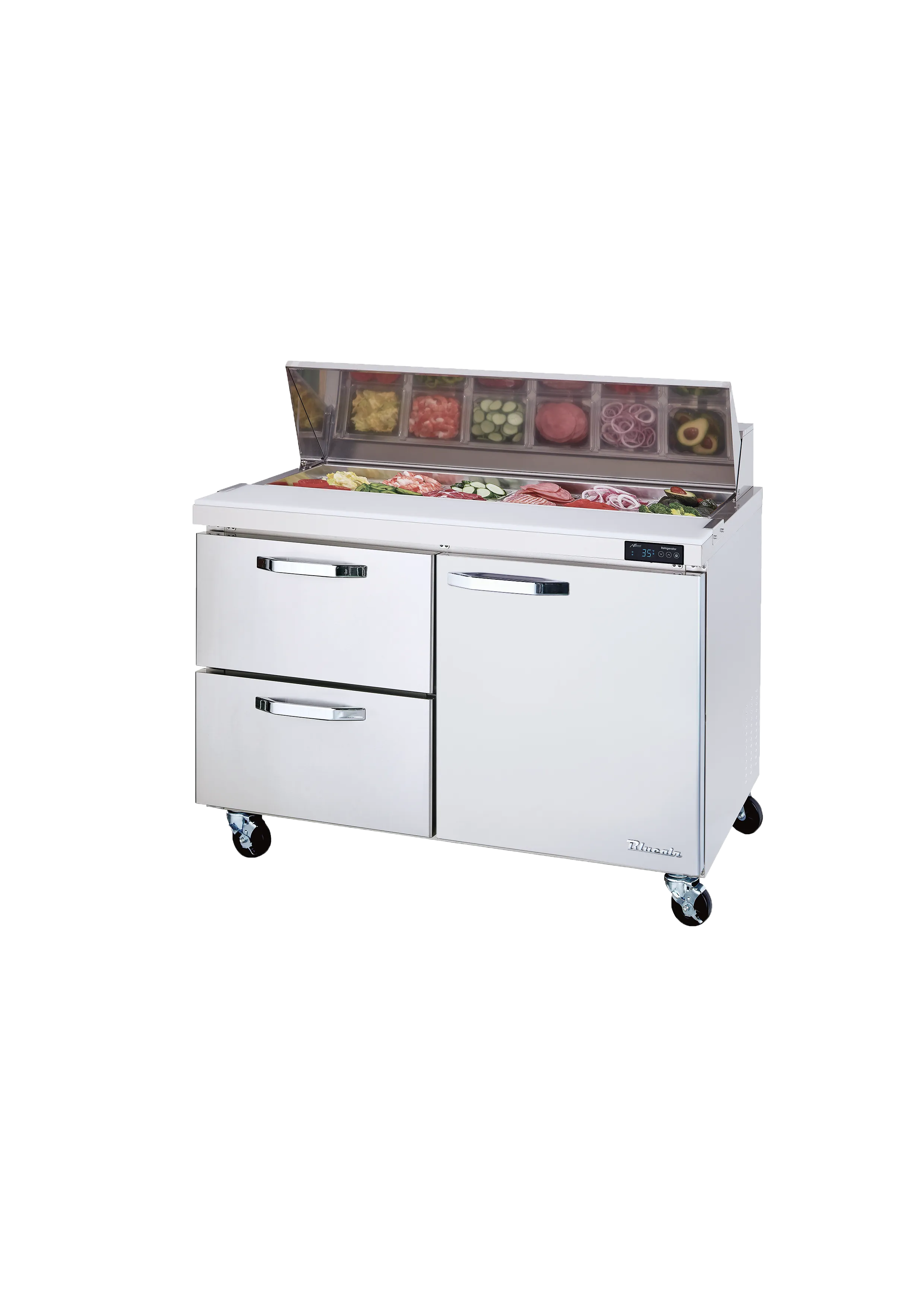 Blue Air - BLPT48-D2L-HC. 2 Drawers 1 Door (R) All Stainless Prep. Table with (12) 1/6 Pans - 48 wide. 13 cu/ft.. R-290 Refrigerant