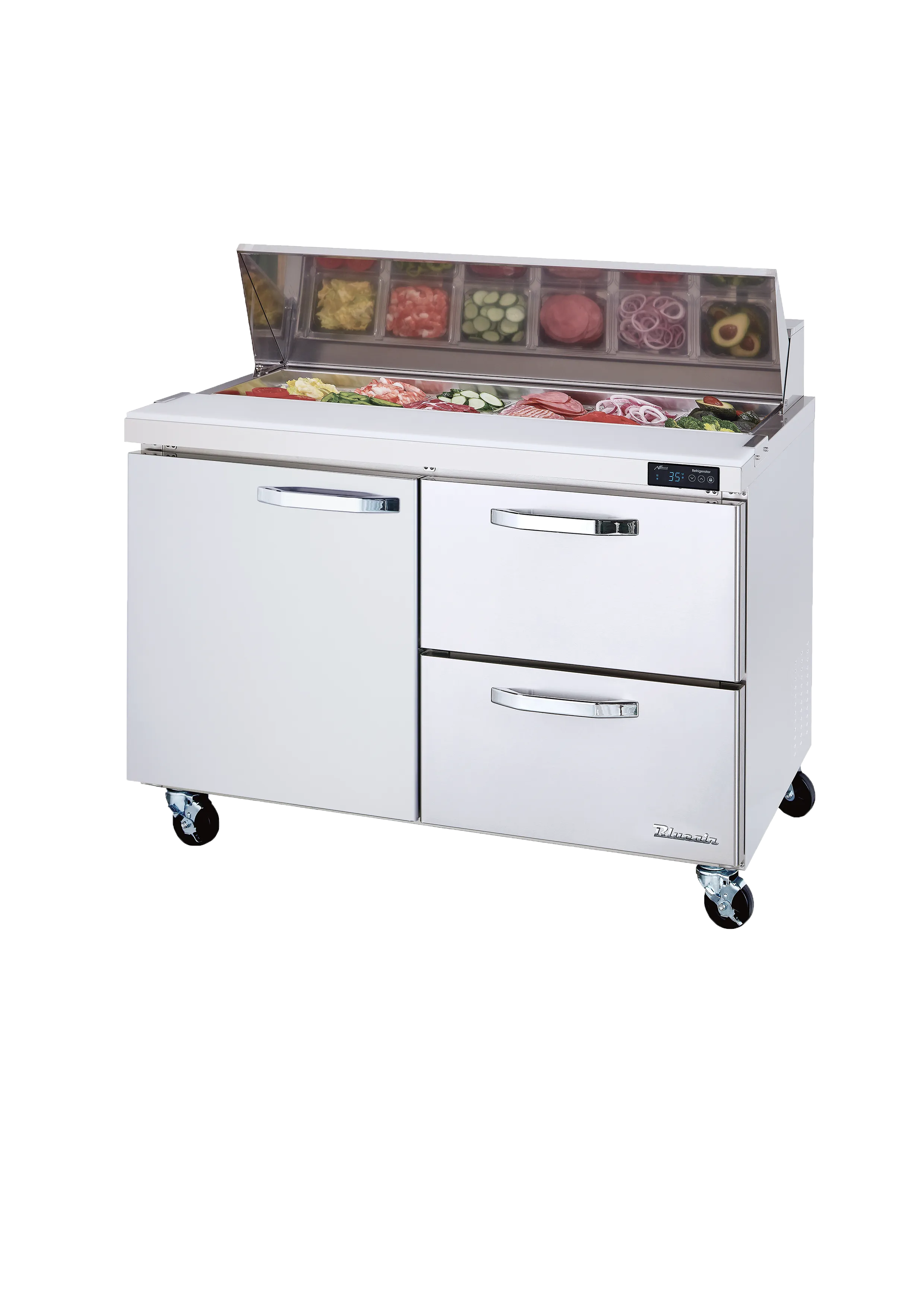 Blue Air - BLPT48-D2R-HC. 2 Drawers 1 Door (L) All Stainless Prep. Table with (12) 1/6 Pans - 48 wide. 13 cu/ft.. R-290 Refrigerant