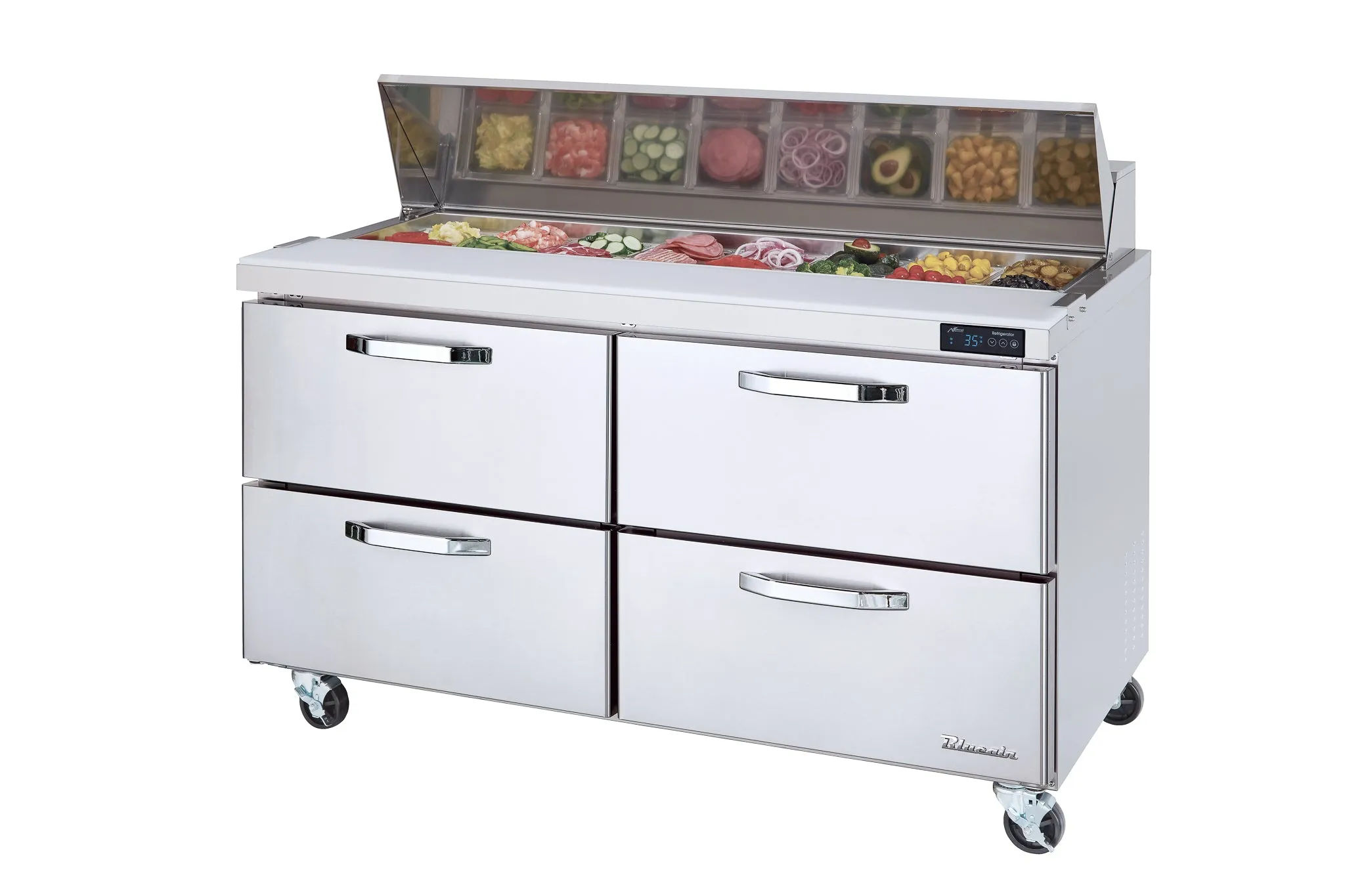 Blue Air - BLPT60-D4-HC. 4 Drawers All Stainless Prep. Table with (16) 1/6  Pans - 60 wide. 16.5 cu/ft.. R-290 Refrigerant