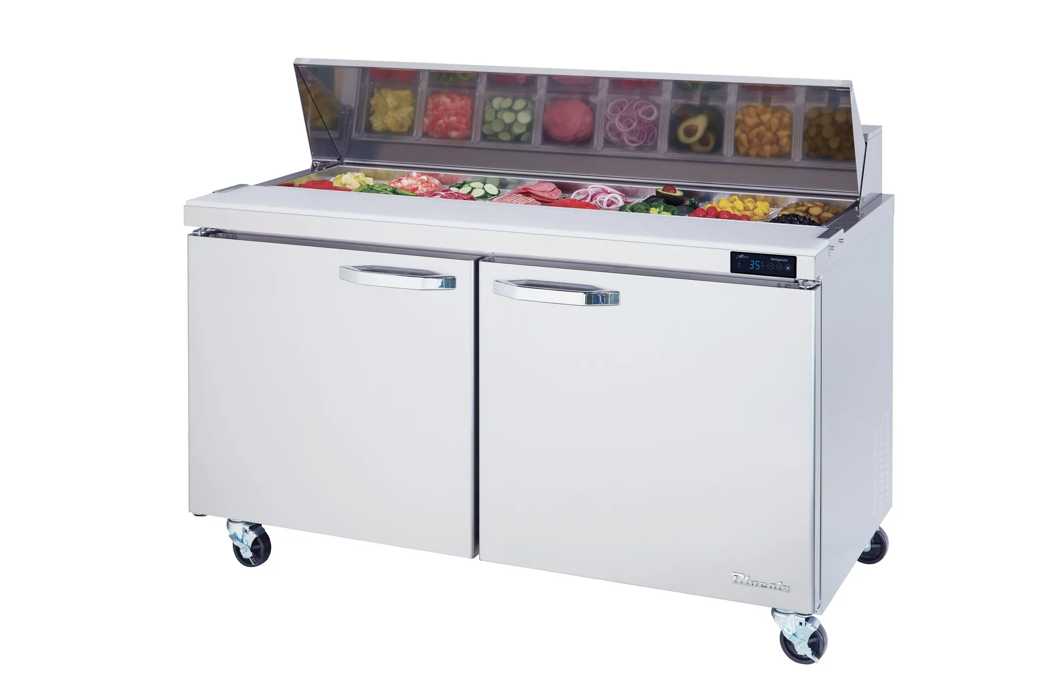 Blue Air - BLPT60-HC. 2 Doors All Stainless Prep. Table with (16) 1/6  Pans - 60 wide. 16.5 cu/ft.. R-290 Refrigerant