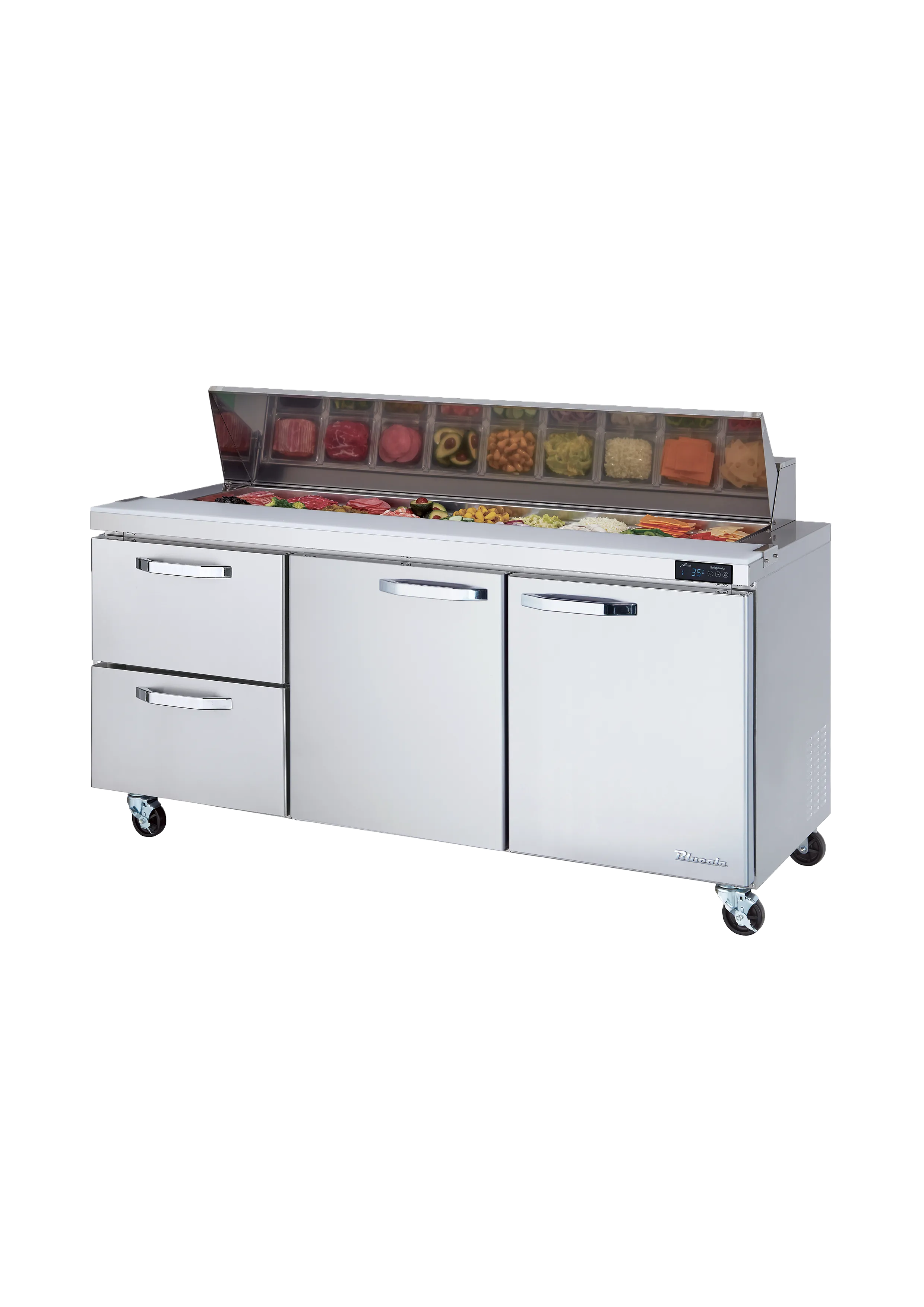 Blue Air - BLPT72-D2L-HC. 2 Drawers 2 Doors (M. R) All Stainless Prep. Table with (18) 1/6 Pans - 72 wide. 20 cu/ft.. R-290 Refrigerant