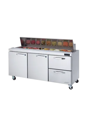 Blue Air - BLPT72-D2R-HC. 2 Drawers 2 Doors (L. M) All Stainless Prep. Table with (18) 1/6 Pans - 72 wide. 20 cu/ft.. R-290 Refrigerant