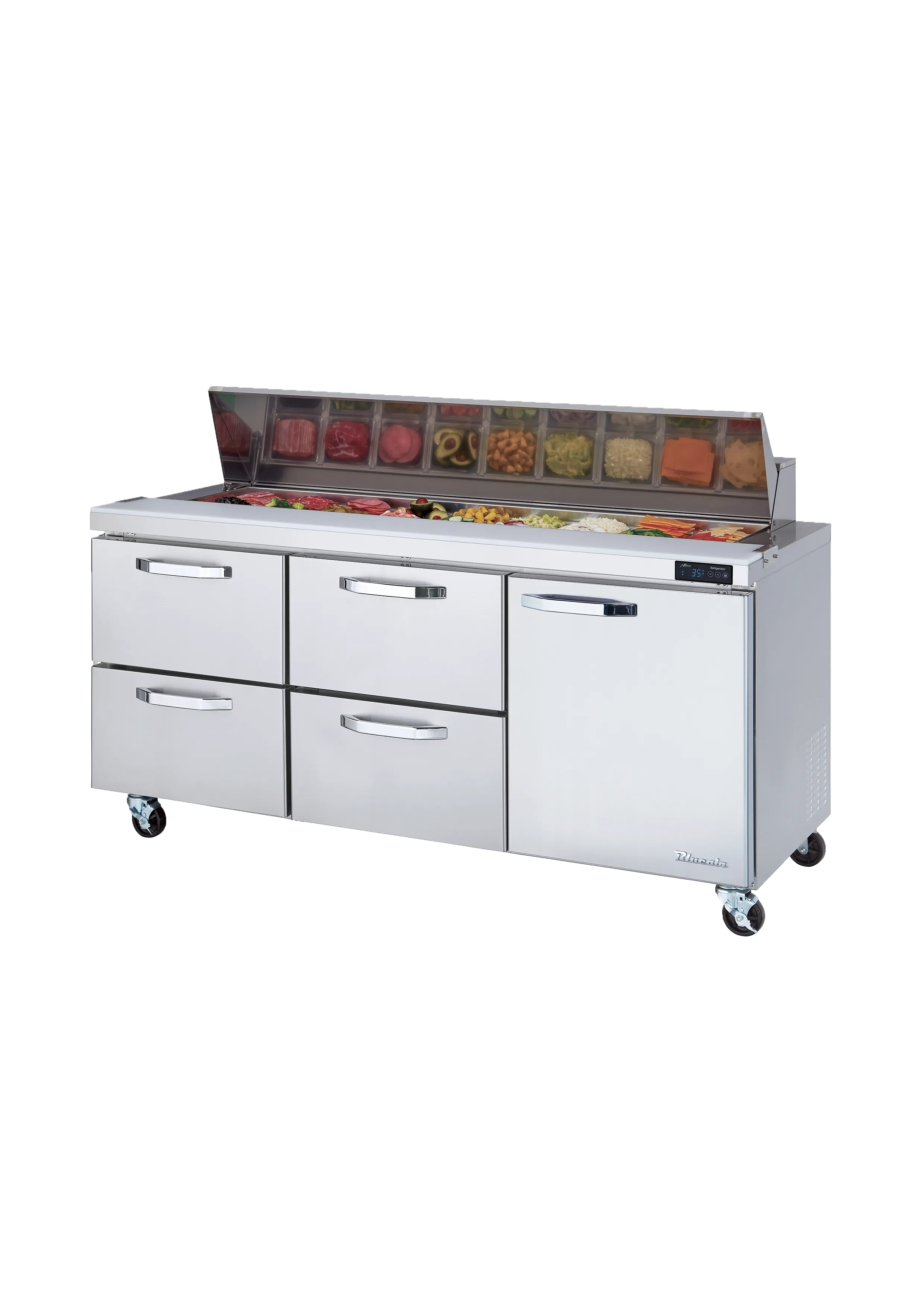 Blue Air - BLPT72-D4LM-HC. 4 Drawers 1 Door (R) All Stainless Prep. Table with (18) 1/6 Pans - 72 wide. 20 cu/ft.. R-290 Refrigerant
