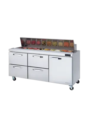 Blue Air - BLPT72-D4LM-HC. 4 Drawers 1 Door (R) All Stainless Prep. Table with (18) 1/6 Pans - 72 wide. 20 cu/ft.. R-290 Refrigerant