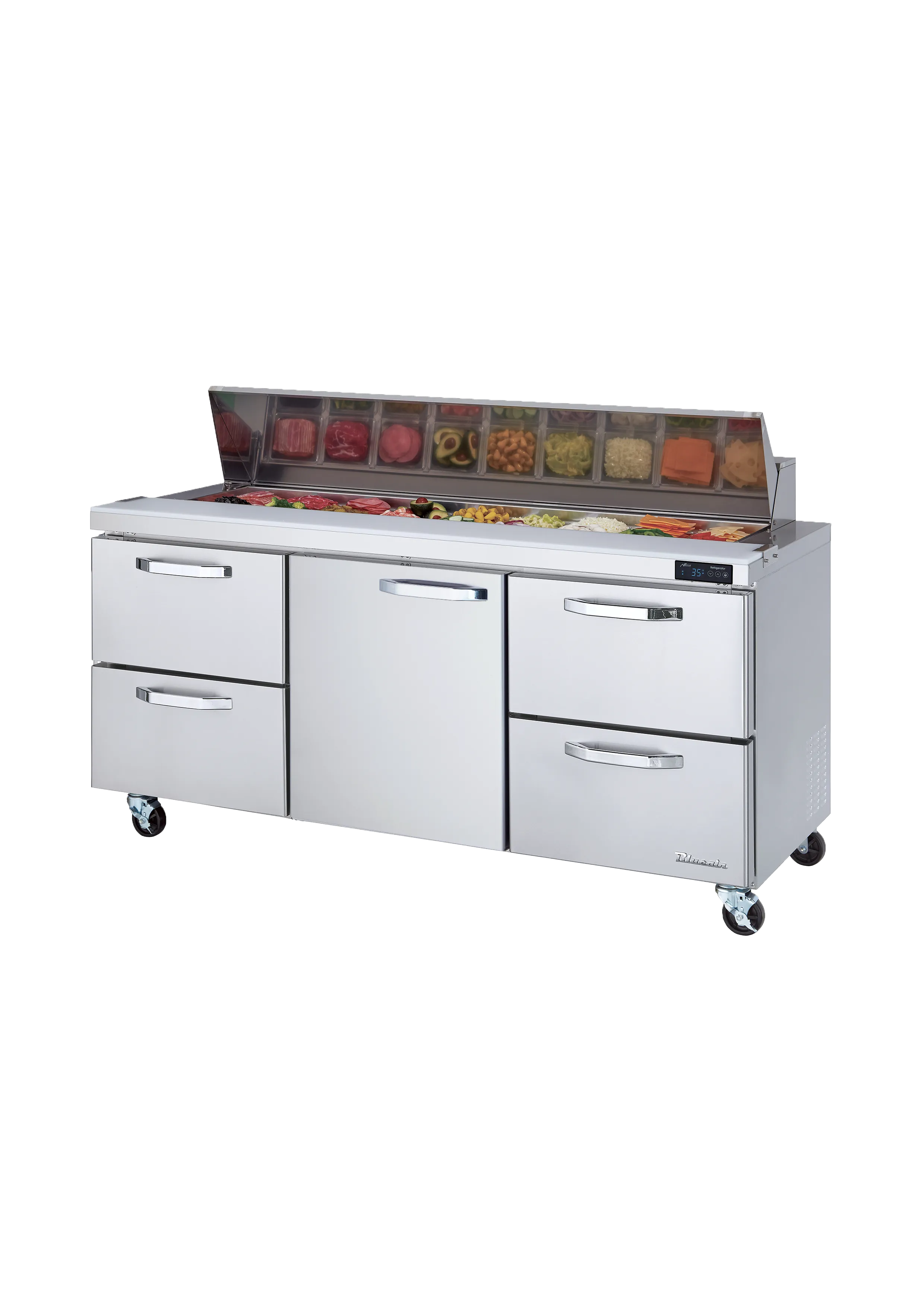 Blue Air - BLPT72-D4RL-HC. 4 Drawers 1 Door (M) All Stainless Prep. Table with (18) 1/6 Pans - 72 wide. 20 cu/ft.. R-290 Refrigerant