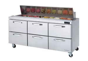 Blue Air - BLPT72-D6-HC. 6 Drawer All Stainless Prep Table with (18) 1/6 Pans - 72 wide. 20 cu/ft. R-290 Refrigerant
