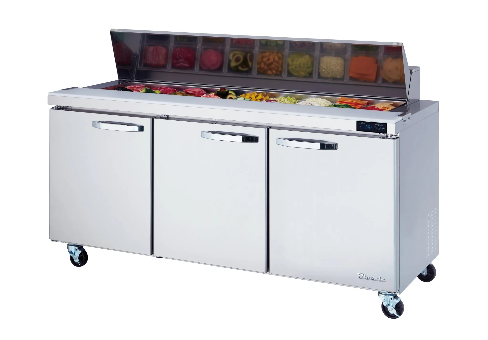 Blue Air - BLPT72-HC. 3 Doors All Stainless Prep. Table with (18) 1/6 Pans - 72 wide. 20 cu/ft.. R-290 Refrigerant