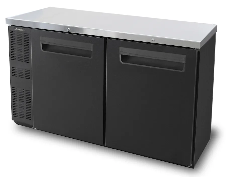 Blue Air - BNB-60BT-HC. 2 Doors Narrow Back Bar Cooler.  Black Finish Exterior. 60-1/4 W x 24 D. R-290 Refrigerant