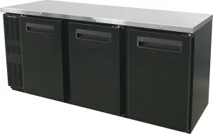 Blue Air - BNB-72BT-HC. 3 Doors Narrow Back Bar Cooler.  Black Finish Exterior. 72-1/4 W x 24D. R-290 Refrigerant