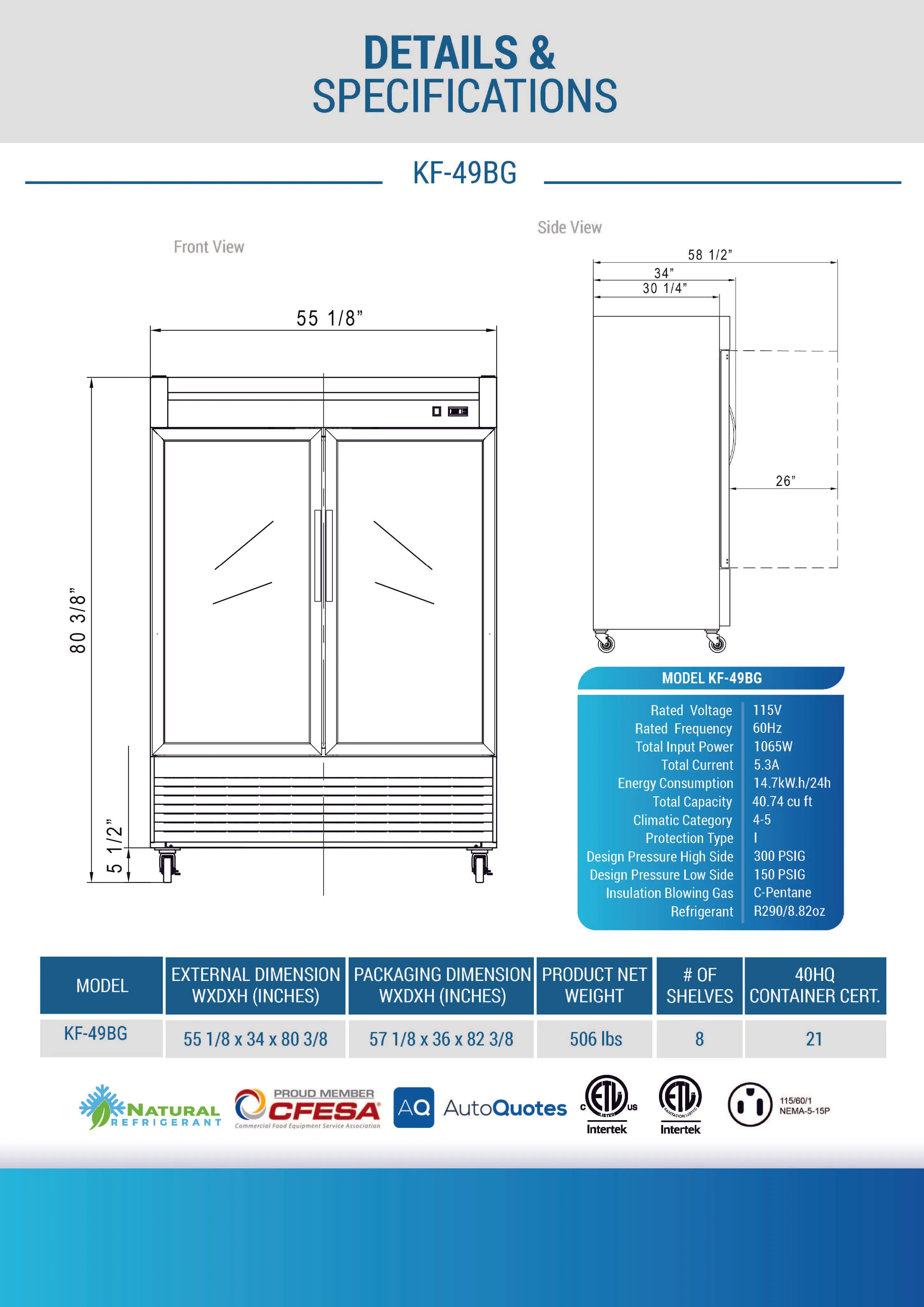 Chef AAA - KF-49BG 55 2 Glass Door Reach-in Freezer 40.72cu.ft NSF