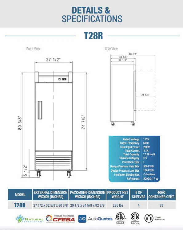 Chef AAA - T28R Commercial 27 Reach-In Refrigerator Solid 1 Door 17.7 cu.ft.