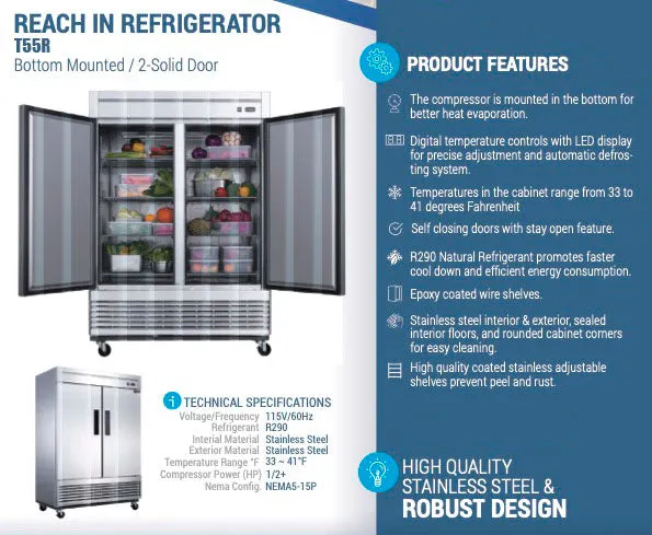 Chef AAA - T55R Commercial 55 Reach-In Refrigerator Solid 2 Door 40 cu.ft. NSF