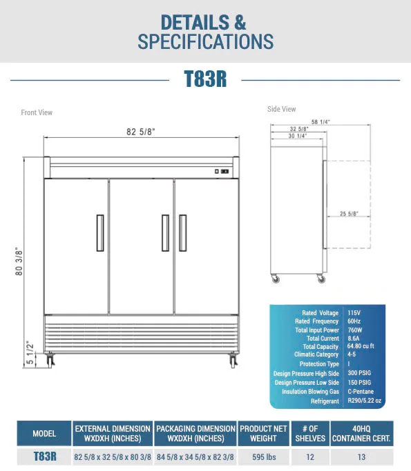 Chef AAA - T83R Commercial 83 Reach-In Refrigerator 3 Solid Door Stainless Steel 64 cu.ft.