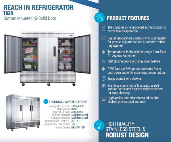 Chef AAA - T83R Commercial 83 Reach-In Refrigerator 3 Solid Door Stainless Steel 64 cu.ft.