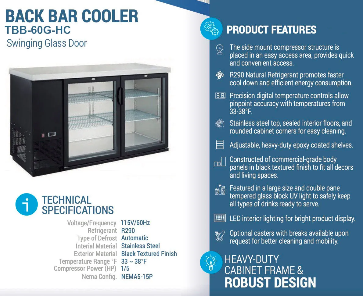 Chef AAA - TBB-60G-HC. Commercial 61 Glass Door Back Bar Refrigerator 15.2 cu.ft.