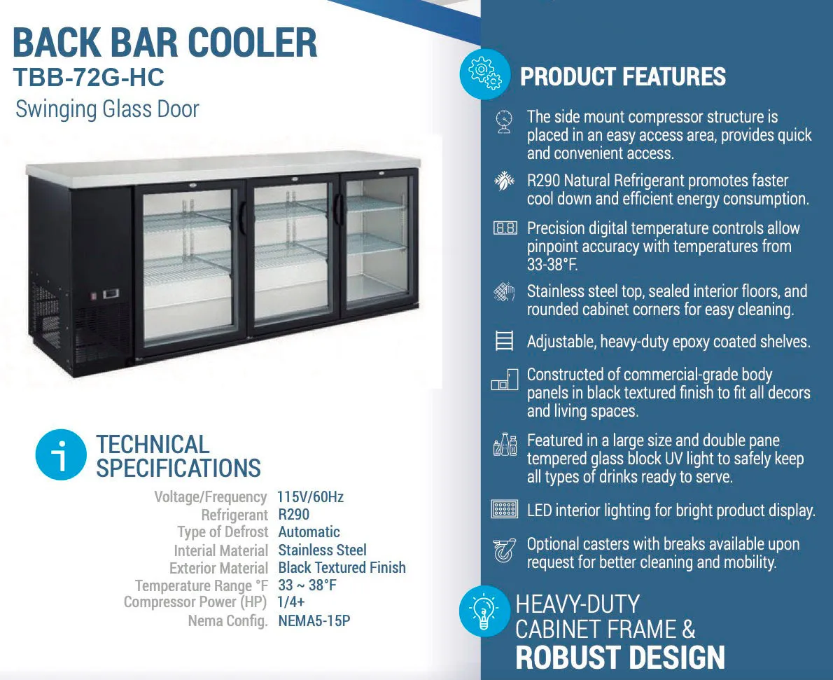 Chef AAA - TBB-72G-HC. Commercial 73 Glass Door Back Bar Refrigerator 19.2 cu.ft.