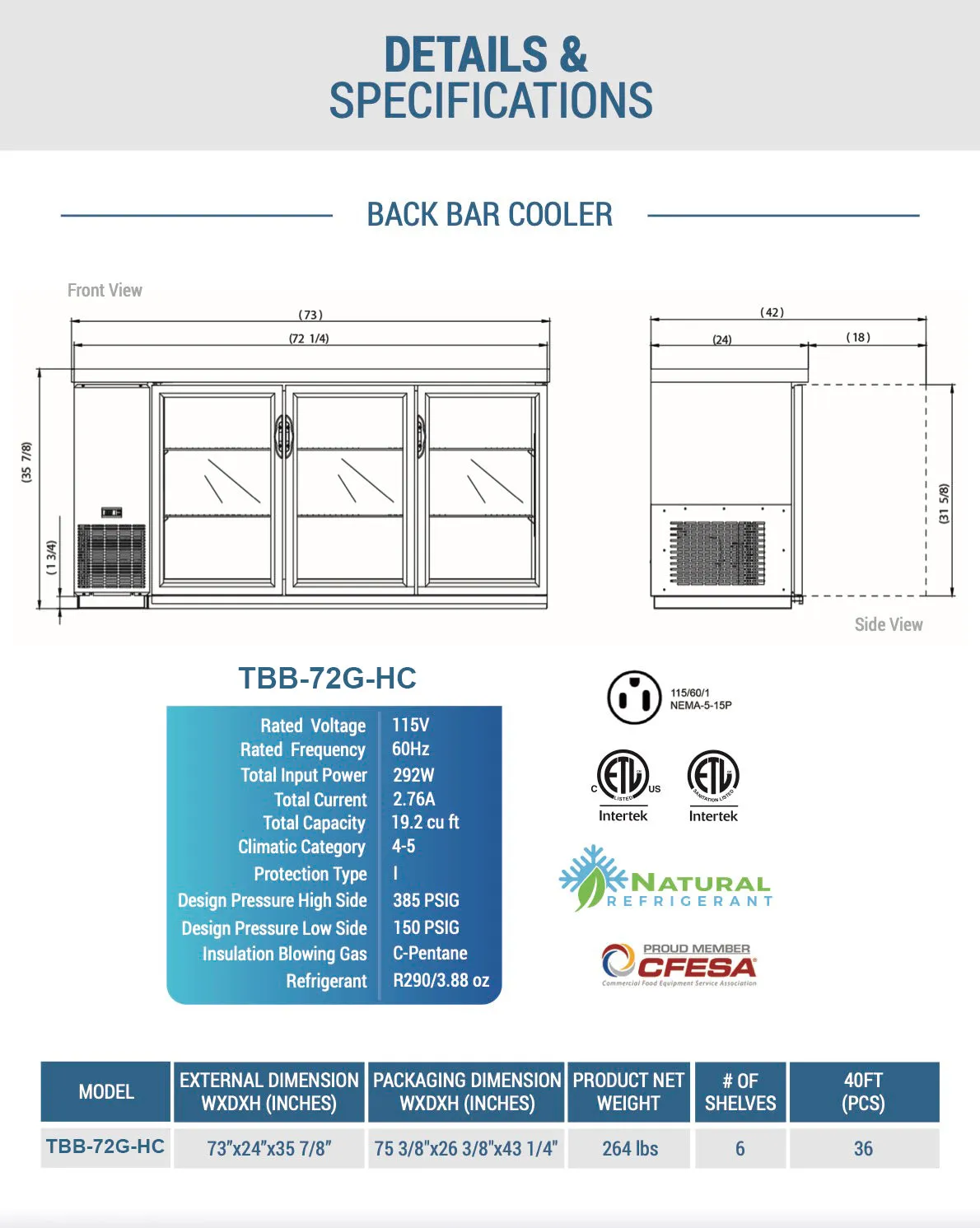 Chef AAA - TBB-72G-HC. Commercial 73 Glass Door Back Bar Refrigerator 19.2 cu.ft.
