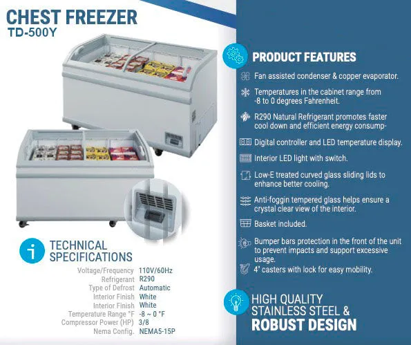 Chef AAA - TD-500Y. Commercial 56 Glass Door Frozen Food or Ice Cream Chest Freezer Display