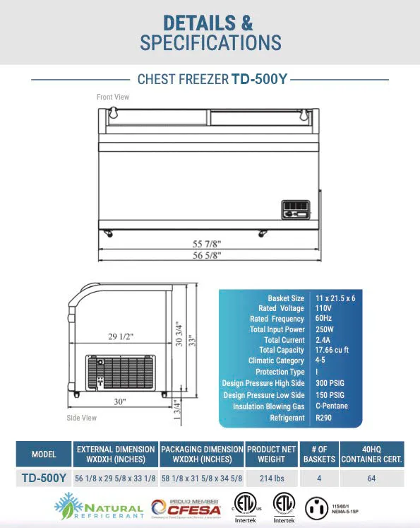 Chef AAA - TD-500Y. Commercial 56 Glass Door Frozen Food or Ice Cream Chest Freezer Display