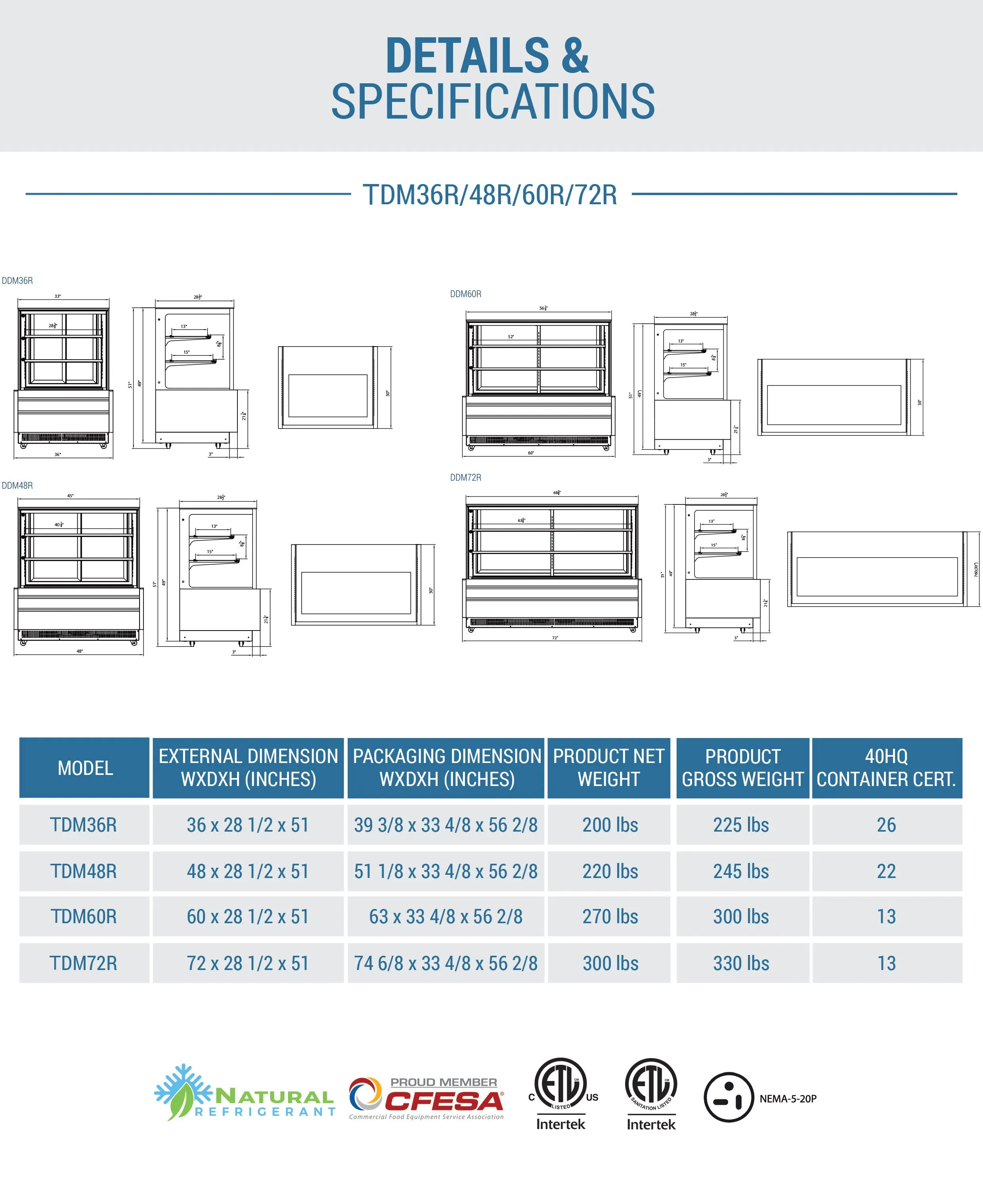 Chef AAA - TDM72R. 72 Straight Glass Bakery Case