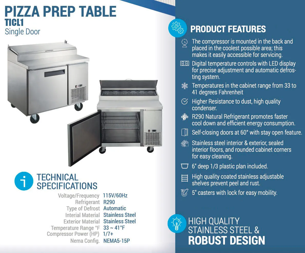 Chef AAA - TICL1-HC. 44 Commercial Sandwich Prep Table Refrigerator 6 Pans 1 Door Stainless Steel 9.8 cu.ft.