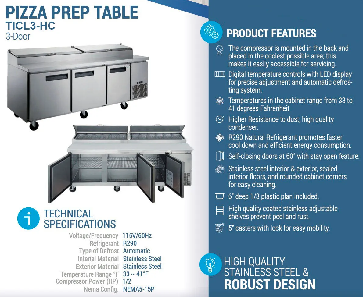 Chef AAA - TICL3-HC. Commercial 90 Pizza Prep Table Refrigerator 12 Pans 3 Door Stainless Steel 24.8 cu.ft.