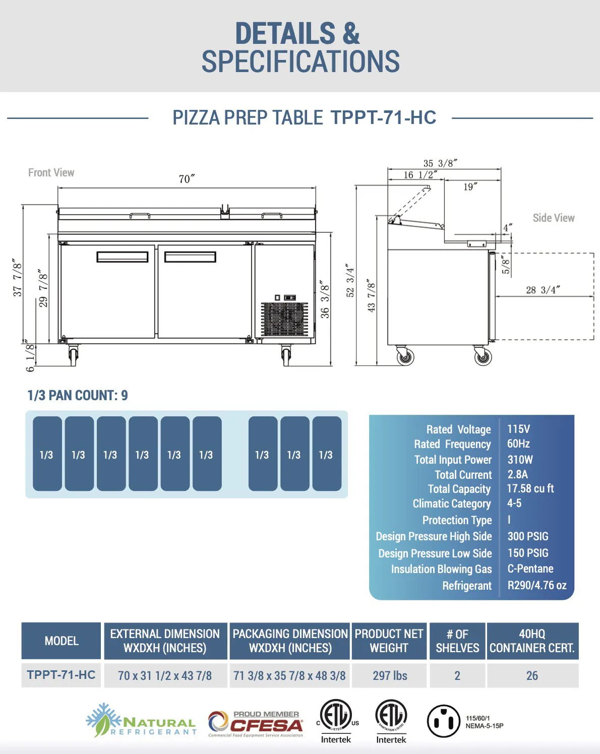 Chef AAA - TPPT-71-HC. Commercial 70 Pizza Prep Table Refrigerator 9 Pans 2 Door Stainless Steel 17.5 cu.ft.